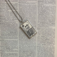 Skull, Skeleton vintage Halloween card illustrations, hand-soldered glass pendant