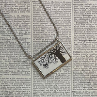 Fraidy cat in spooky tree, vintage illustrations, hand-soldered glass pendant