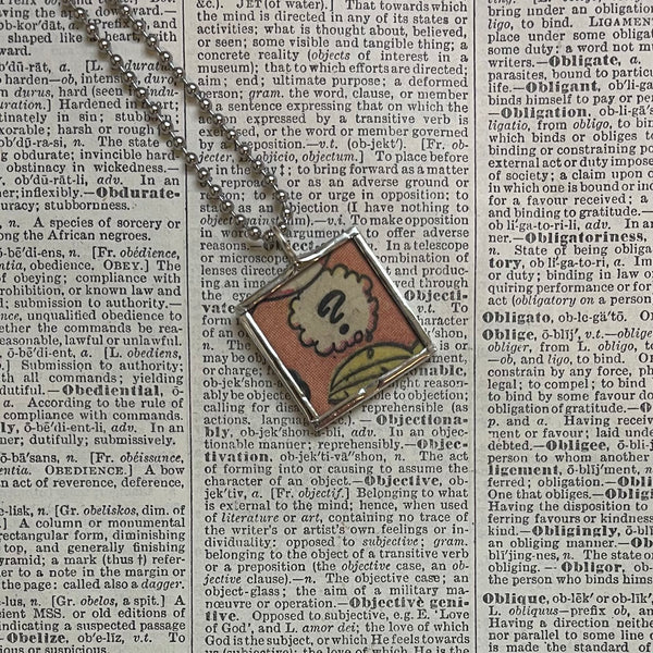 Huh? question mark, onomatopoeia, vintage comic book illustration, upcycled to soldered glass pendant