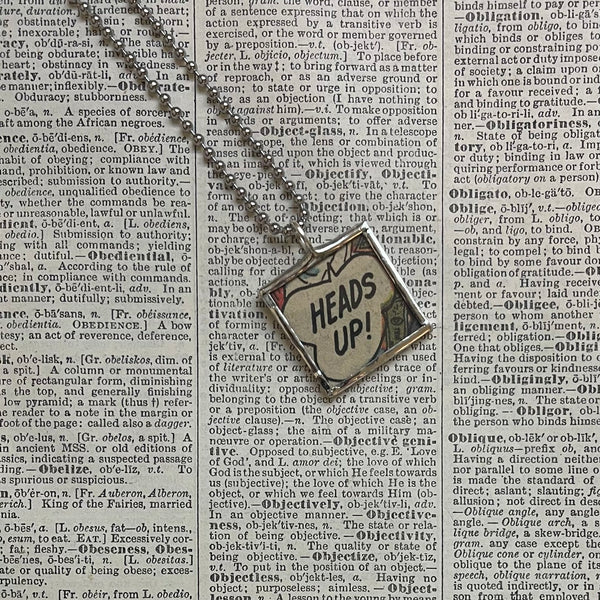 Gosh! Heads up! onomatopoeia, vintage comic book illustration, upcycled to soldered glass pendant