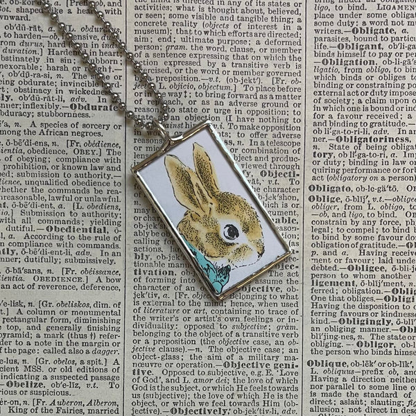 Country Bunny and the Gold Shoes, original illustrations from vintage book, up-cycled to soldered glass pendant