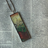 Cherry blossom, lake scene, Japanese woodblock prints, up-cycled to hand-soldered glass pendant