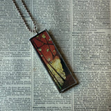 Cherry blossom, lake scene, Japanese woodblock prints, up-cycled to hand-soldered glass pendant