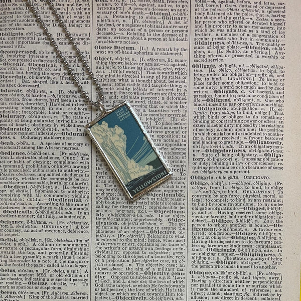 Yellowstone National Park travel poster, upcycled hand soldered glass pendant