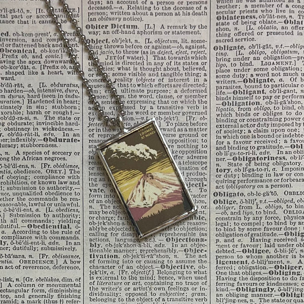 Lassen National Park travel poster, upcycled hand soldered glass pendant