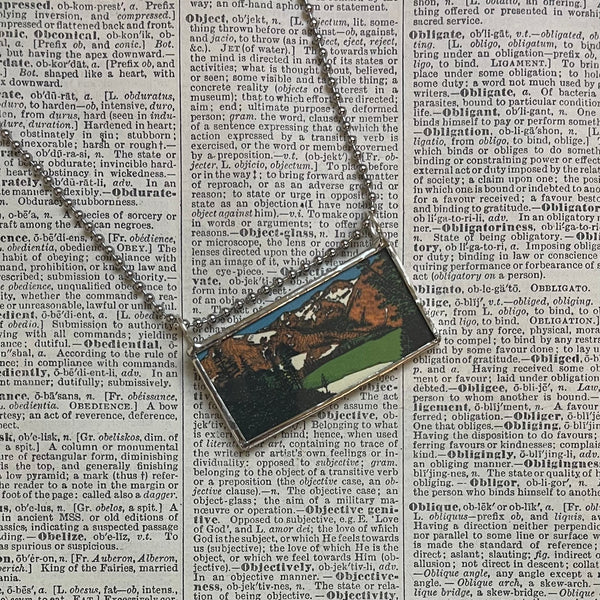 Olympic National Park travel poster, upcycled hand soldered glass pendant