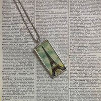 Vintage Paris Eiffel Tower travel poster, upcycled hand soldered glass pendant