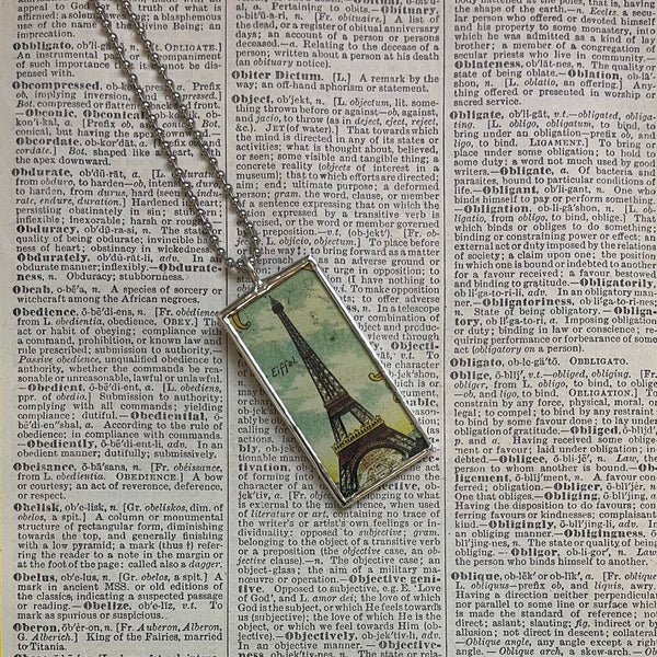 Vintage Paris Eiffel Tower travel poster, upcycled hand soldered glass pendant