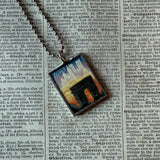 Paris France, Eiffel Tower, hand-soldered glass pendant, vintage travel poster illustrations,  upcycled to soldered glass pendant