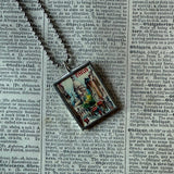 Paris France, Eiffel Tower, hand-soldered glass pendant, vintage travel poster illustrations,  upcycled to soldered glass pendant