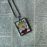 Calvin & Hobbes, original vintage comic book illustrations, upcycled to soldered glass pendant