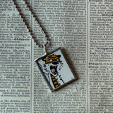 Calvin & Hobbes, original vintage comic book illustrations, upcycled to soldered glass pendant