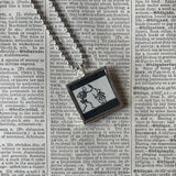 Skeleton, coffin, antique woodcut illustrations, hand soldered glass pendant, upcycled to soldered glass pendant (Copy)