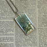 Blue and yellow daisy flowers, botanical illustrations, up-cycled to soldered glass pendant