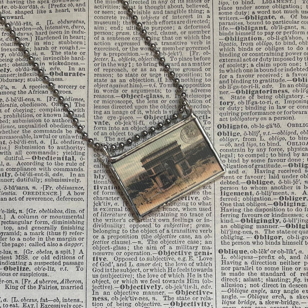 Paris France, Arc de Triomphe, Opera House, vintage illustrations, upcycled to hand-soldered glass pendant