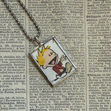 Calvin & Hobbes, original vintage comic book illustrations, upcycled to soldered glass pendant
