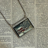 Japanese Woodblock Print, lake scene, snowy scene, upcycled to soldered glass necklace