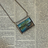 Japanese Woodblock Print, lake scene, snowy scene, upcycled to soldered glass necklace