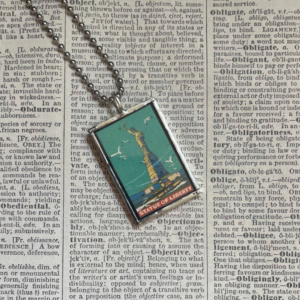 New York City, statue of liberty, vintage travel poster images, upcycled hand soldered glass pendant