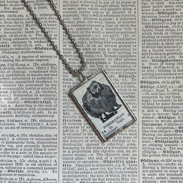 Pomeranian, vintage 1930s dictionary illustration, up-cycled to hand-soldered glass pendant