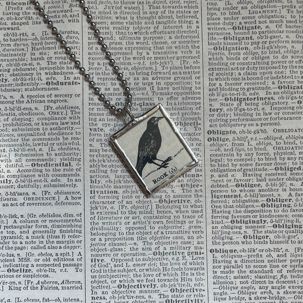 Rook, Raven, vintage illustration upcycled to soldered glass pendant