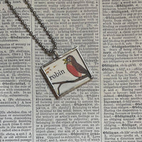 Robin bird, nest,  children's book illustration up-cycled to soldered glass pendant