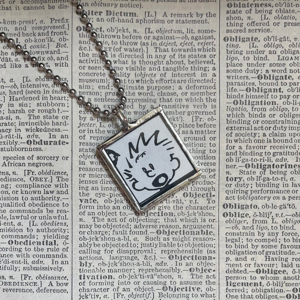 Calvin & Hobbes, original vintage comic book illustrations, upcycled to soldered glass pendant