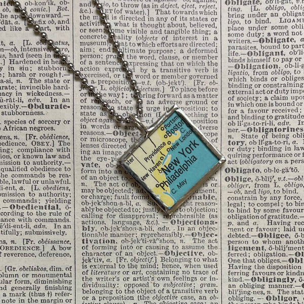 New York, Philadelphia, vintage map, hand-soldered glass pendant