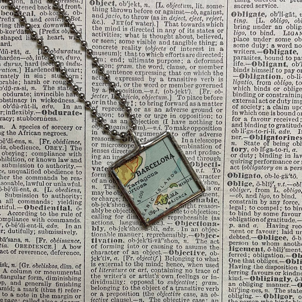 Barcelona, Madrid, vintage map, hand-soldered glass pendant