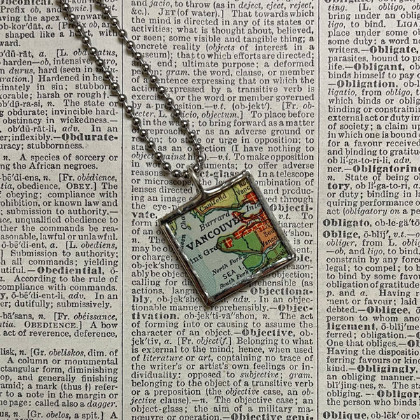 Vancouver British Columbia vintage map, hand-soldered glass pendant