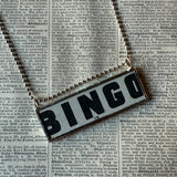 Vintage BINGO and KENO game card graphics, upcycled to soldered glass pendant