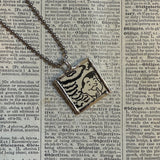 Hypnosis, smoke bombs vintage 1970s comic advertisement illustrations upcycled to soldered hand-soldered glass pendant (Copy)