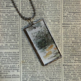 Cat at koi pond illustration from vintage, children's classic book, up-cycled to soldered glass pendant