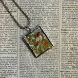 Bird on a snowy branch, vintage illustration upcycled to soldered glass pendant