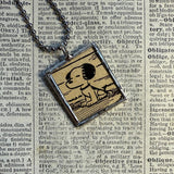 Snoopy, comic strip illustrations from vintage Peanuts book, up-cycled to hand-soldered glass pendant