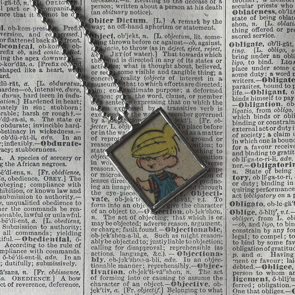 Dennis the Menace, comic book illustration, upcycled to soldered glass pendant