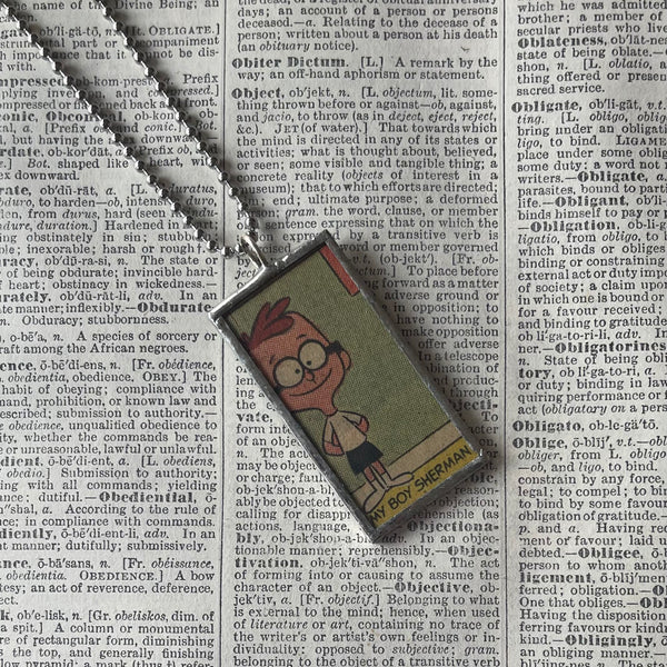 Mr. Peabody and Sherman, original vintage 1970s comic book illustrations, upcycled to soldered glass pendant