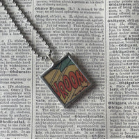 Vroom! Blam! Blam! onomatopoeia, vintage comic book illustration, upcycled to soldered glass pendant