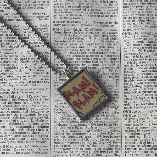 Vroom! Blam! Blam! onomatopoeia, vintage comic book illustration, upcycled to soldered glass pendant