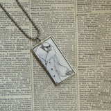 Gorey - Man in fur coat, chic woman, Vintage book illustrations, hand-soldered glass pendant