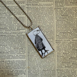 Gorey The Epiplectic Bicycle vintage book illustrations, hand-soldered glass pendant