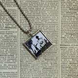 Gorey Disrespectful Summons vintage book illustrations, hand-soldered glass pendant