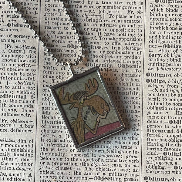 Rocky and Bullwinkle, vintage 1960s comic illustration, upcycled to soldered hand-soldered glass pendant