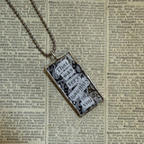 Gorey Black bird vintage book illustrations, hand-soldered glass pendant