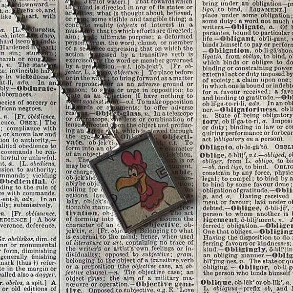 Foghorn Leghorn, Chicken Hawk, vintage 1970s comic illustration, upcycled to soldered hand-soldered glass pendant