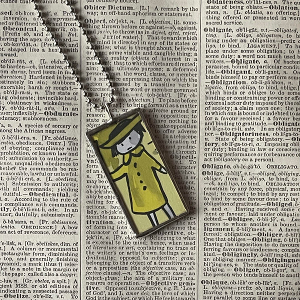 Madeline and Miss Clavel, original illustrations from 1970s vintage book, up-cycled to soldered glass pendant