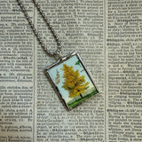 English oak and ginko trees, botanical illustrations, up-cycled to soldered glass pendant