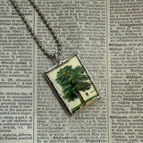 English oak and ginko trees, botanical illustrations, up-cycled to soldered glass pendant