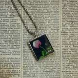 Purple clover and yellow wildflower, botanical illustrations, up-cycled to soldered glass pendant