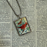 Holiday birds, cardinals, vintage illustrations, up-cycled to soldered glass pendant